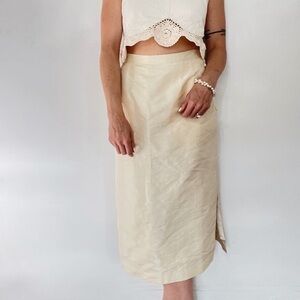VINTAGE | Ivory Taffeta Satin Pencil Button Down Split Side High Rise MIDI Skirt
